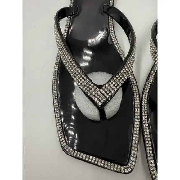 Lauren Lorraine Jellys Thong Sandal Square Toe Size 9.5 Rhinestones Tampa Black - Picture 2 of 9